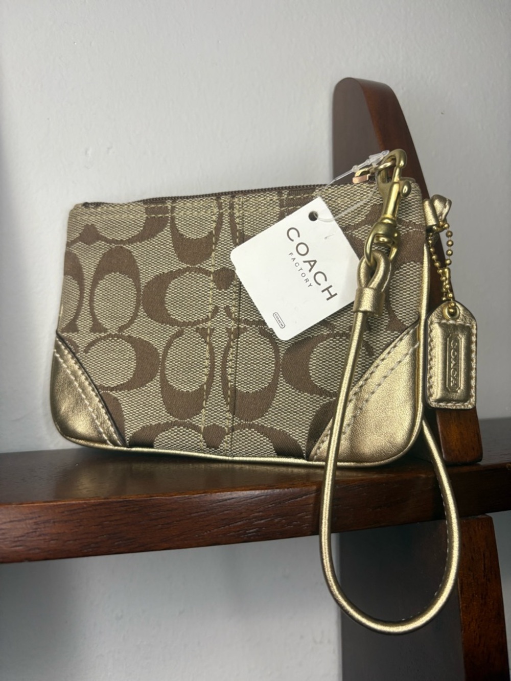 Coach Signature Canvas Khaki Gold Zip Wristlet NWT
